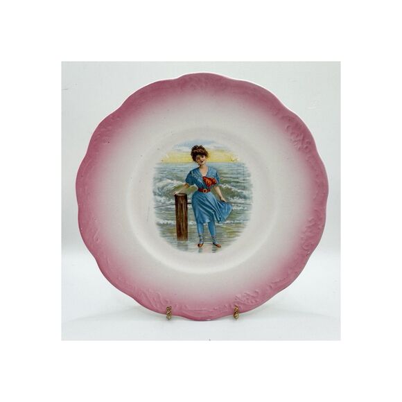 Antique Sevres France Pink And Blue Bathing Beauty Decorative Plate Edwardian - Picture 9 of 9